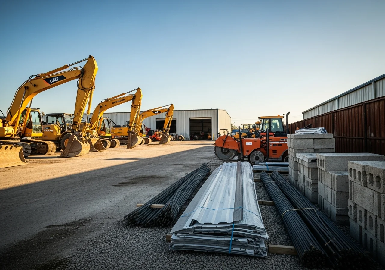 Construction site with heavy equipment, tools, and materials staged for a demolition or building project.