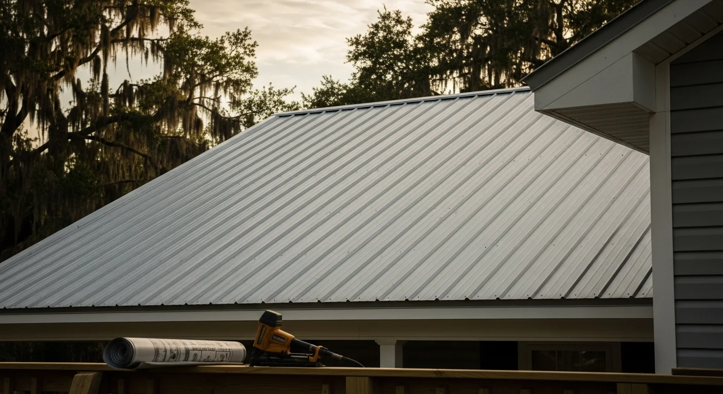 Roofer installing metal roofing on commercial building