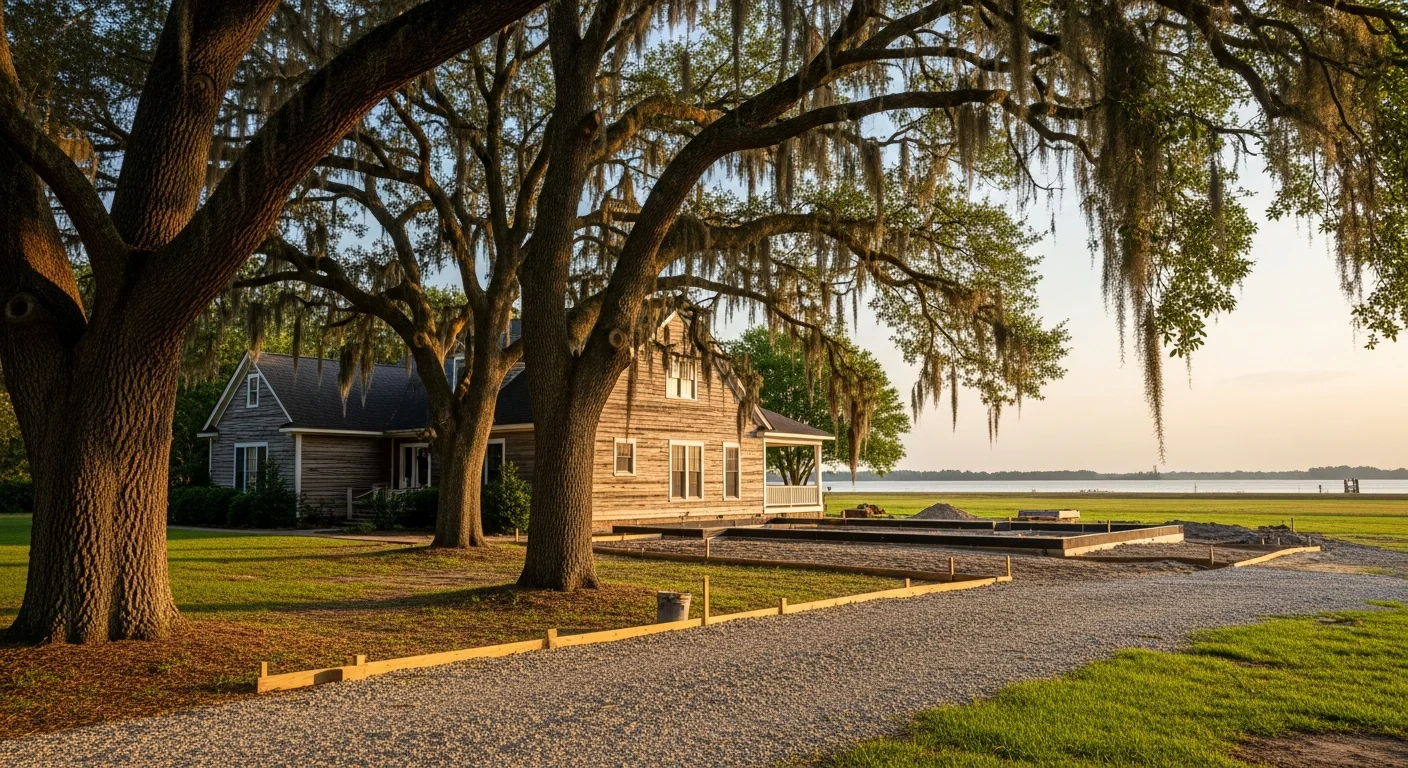 Residential home in White Castle with mature oak trees and Mississippi River landscape in background.