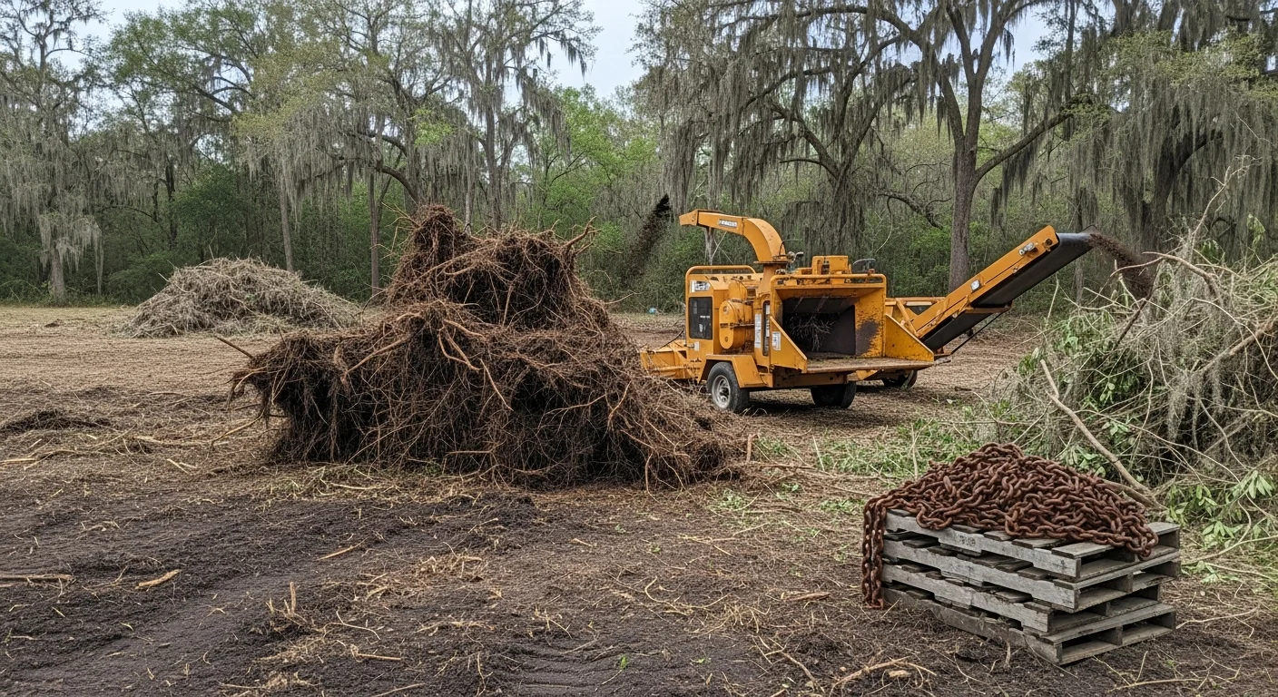 A White Castle, Louisiana commercial lot after brush and vegetation removal, showing cleared ground with no overgrowth and open site access ready for demolition equipment. Industrial Iron Works INC crew equipment visible at the edge of the cleared parcel.