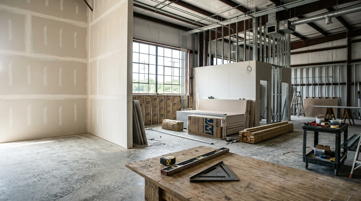 Finished commercial build out interior completed by Industrial Iron Works INC, showing framed and fitted workspace in a South Louisiana commercial building. Structural walls and ceiling work visible in a newly converted industrial space near White Castle.