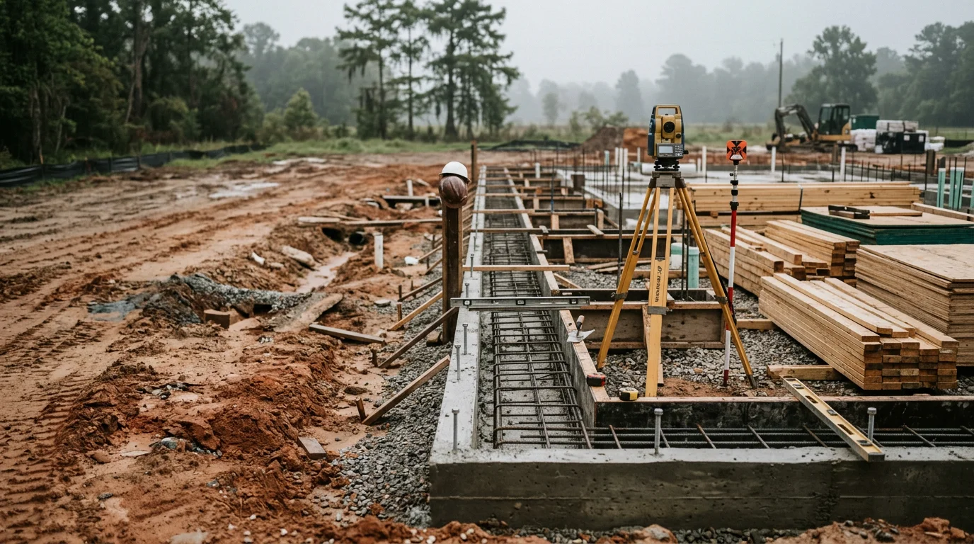 New building construction project in White Castle, Louisiana showing structural framing and site preparation work on a clear day. Industrial Iron Works INC general contracting crew working on a ground-up build in Iberville Parish.