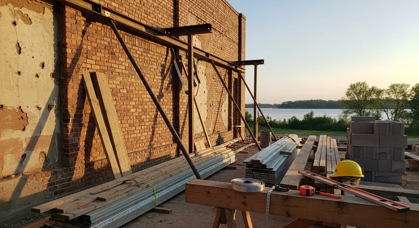 A licensed contractor from Industrial Iron Works INC inspecting and repairing the exterior wall of a commercial building in White Castle, Louisiana. The structure shows completed framing and siding repair work along the riverside Iberville Parish property.