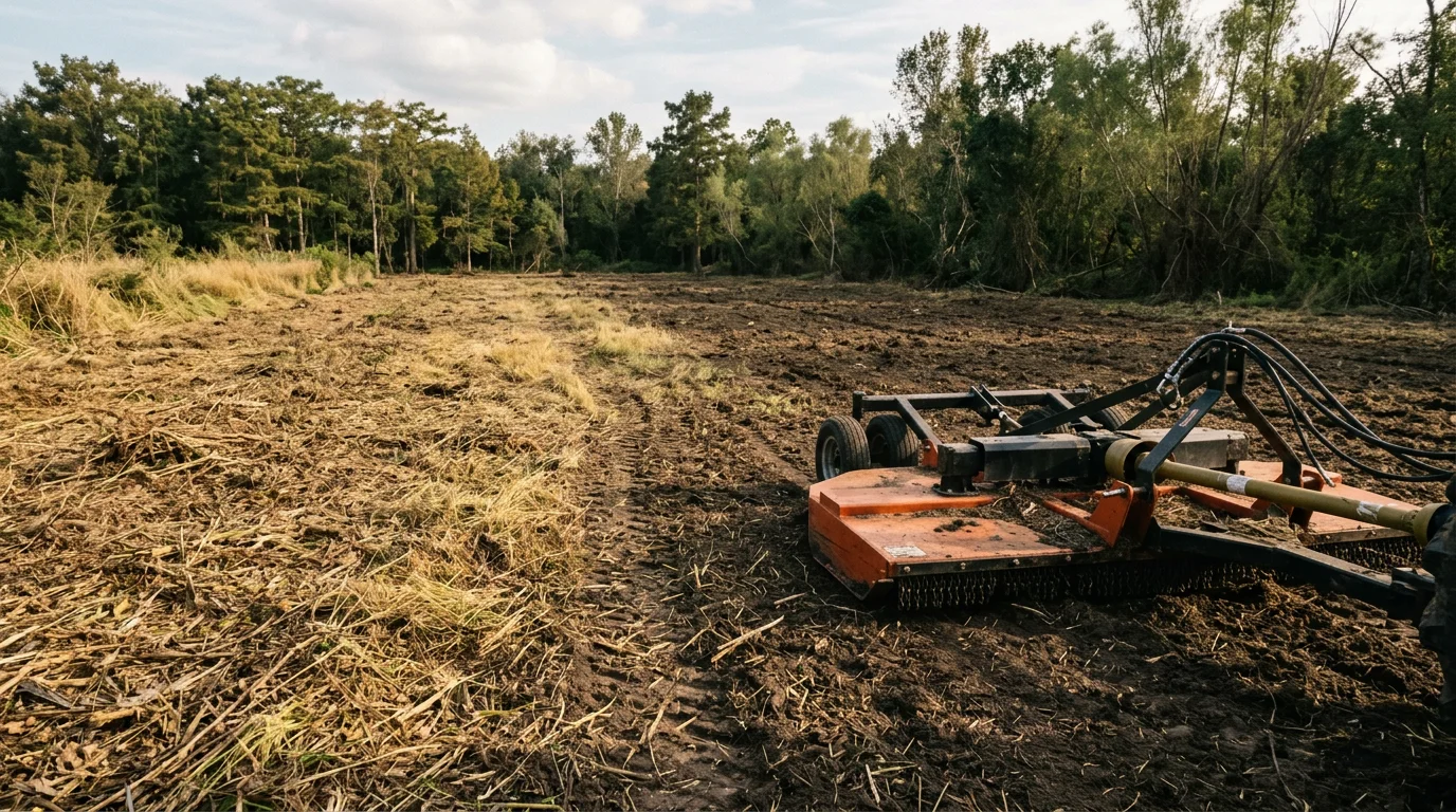 A large open field in White Castle, Louisiana with thick grass and brush cut low after bush hogging service. Cleared fence lines and a flat rural landscape are visible in the background.