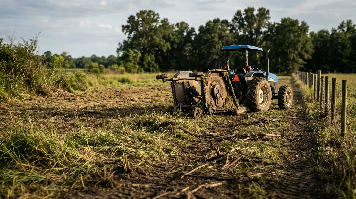 A large overgrown field in the White Castle, Louisiana area after bush hogging, showing cut grass and cleared brush across open flat land. A heavy-duty rotary cutter attachment is visible on a tractor working along a fence line.