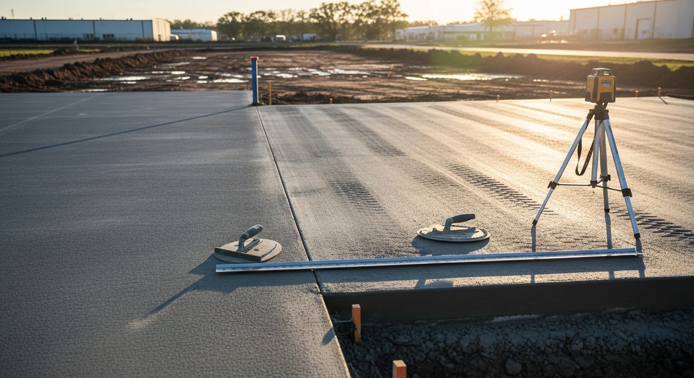 Freshly poured and finished commercial concrete slab at an industrial facility in White Castle, Louisiana. The reinforced flatwork shows clean edges, a smooth surface texture, and proper slope for drainage.
