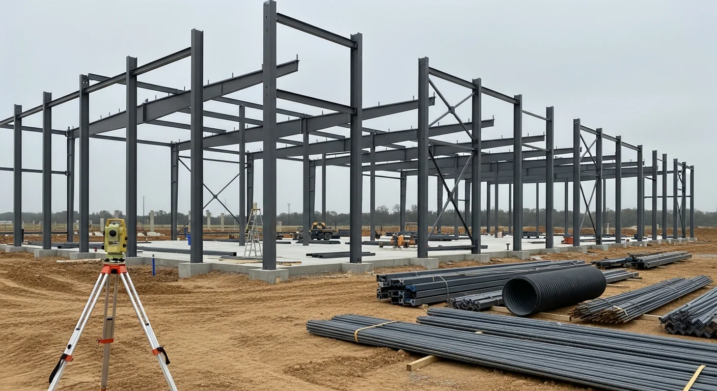 A completed commercial steel-frame building constructed by Industrial Iron Works INC in White Castle, Louisiana, with a finished exterior and paved access along the Iberville Parish corridor. The structure reflects flood-zone-compliant elevation and commercial-grade construction standards common to the White Castle area.