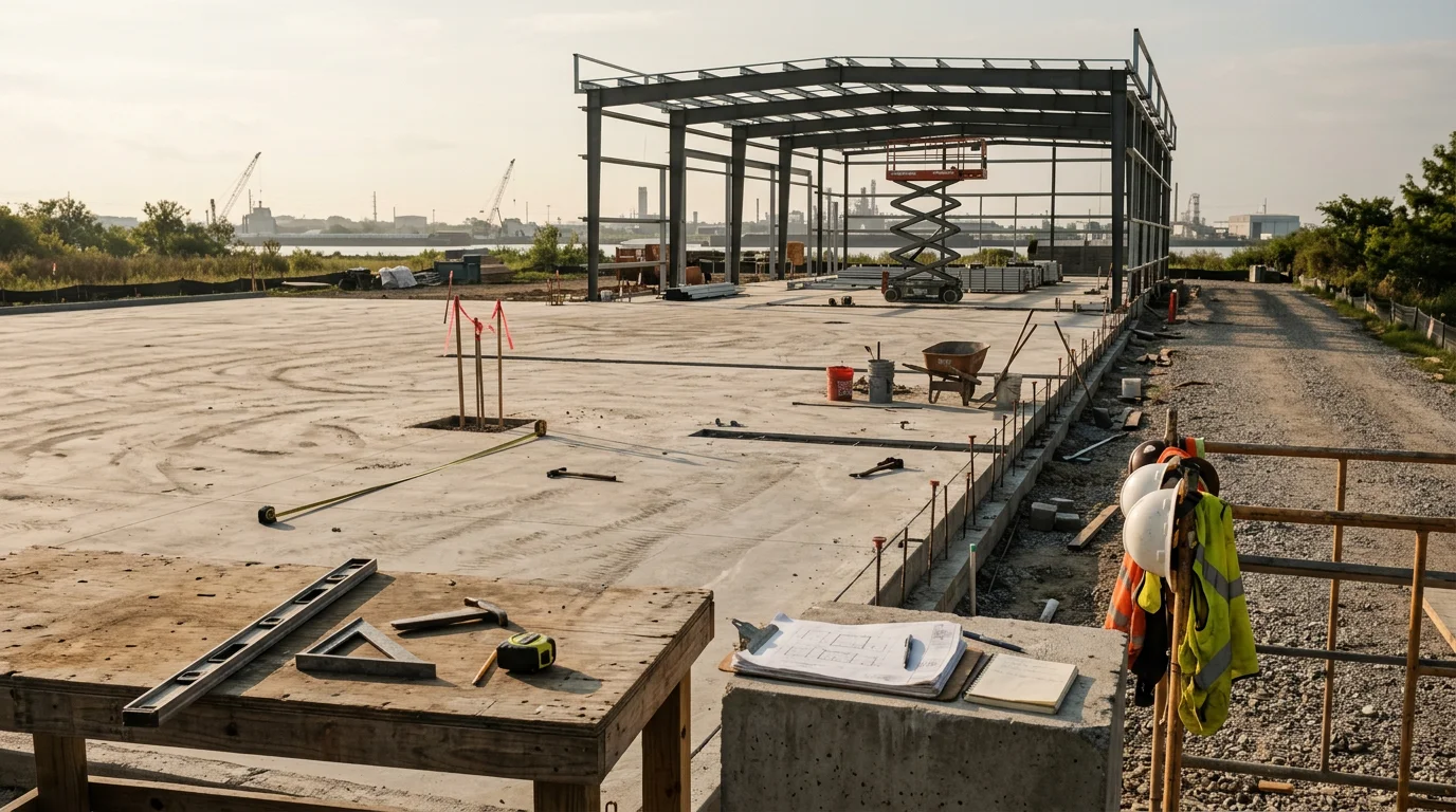 A completed commercial building constructed by Industrial Iron Works INC in White Castle, Louisiana, showing structural framing and exterior finish along the Iberville Parish corridor.