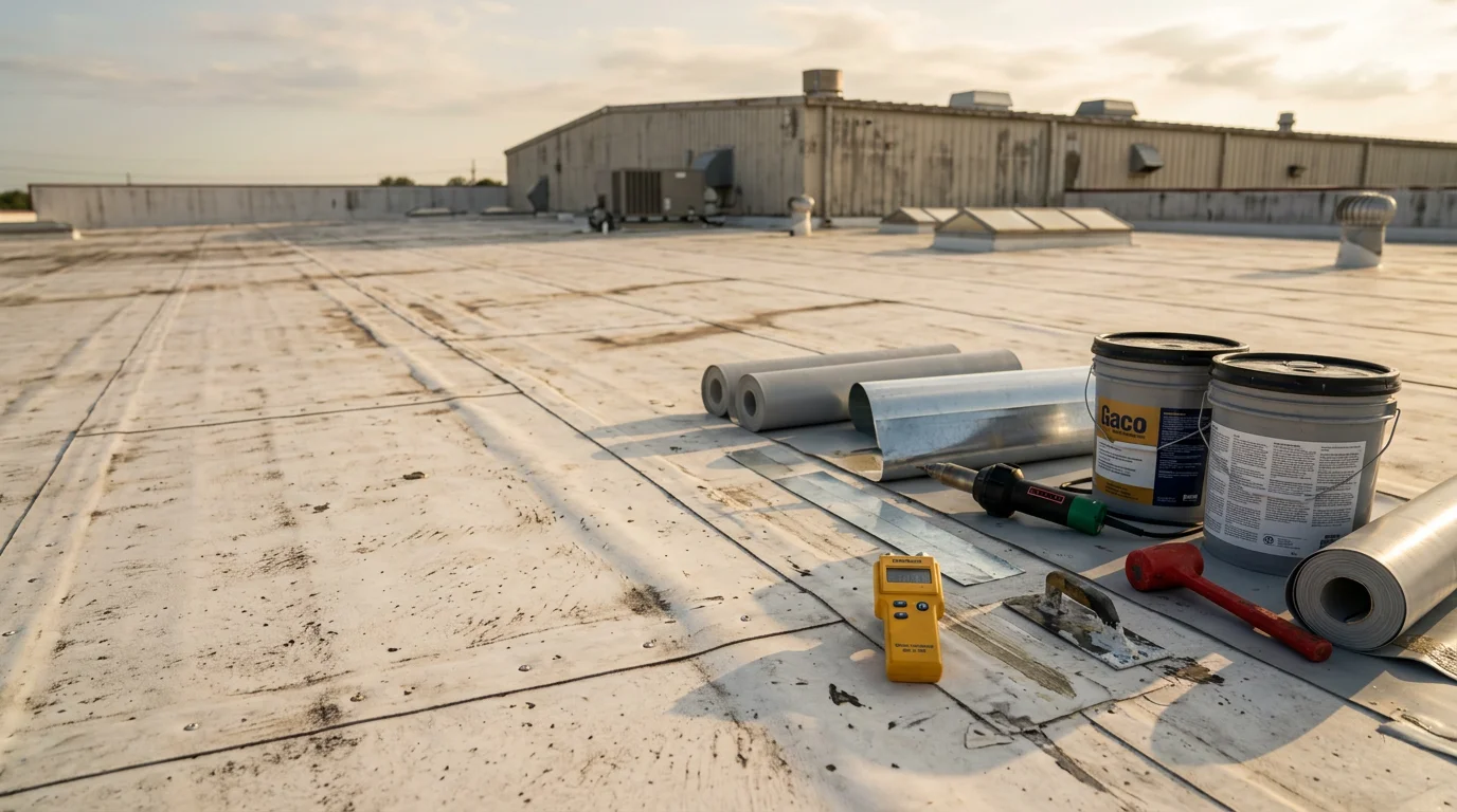 A commercial flat roof on an industrial building in White Castle, Louisiana, showing a completed roofing installation with clean seams and proper drainage slope. The surrounding landscape reflects the low-lying South Louisiana terrain typical of the Iberville Parish area.