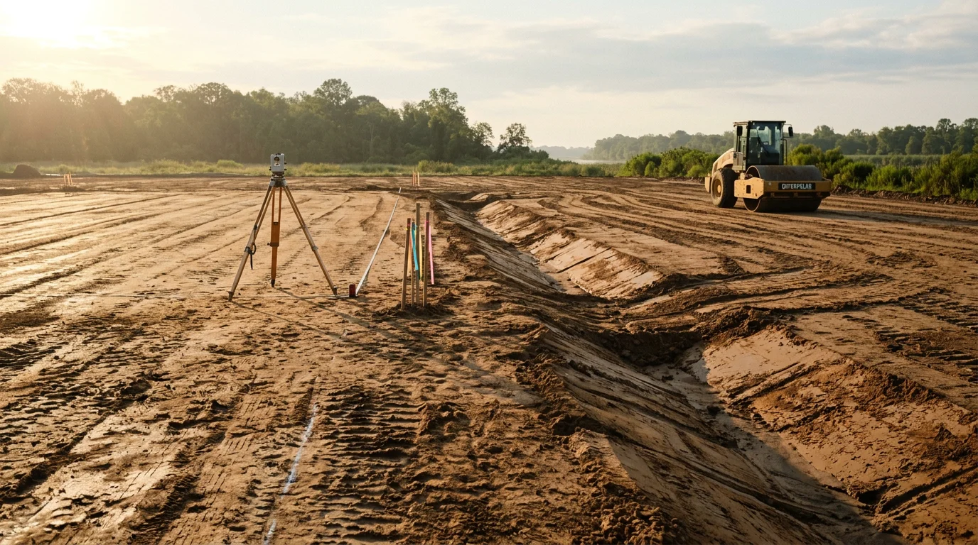 Graded commercial building site in White Castle, Louisiana, with compacted earthwork and drainage channels prepared for pad construction. Flat, cleared land ready for vertical building in a South Louisiana commercial development setting.