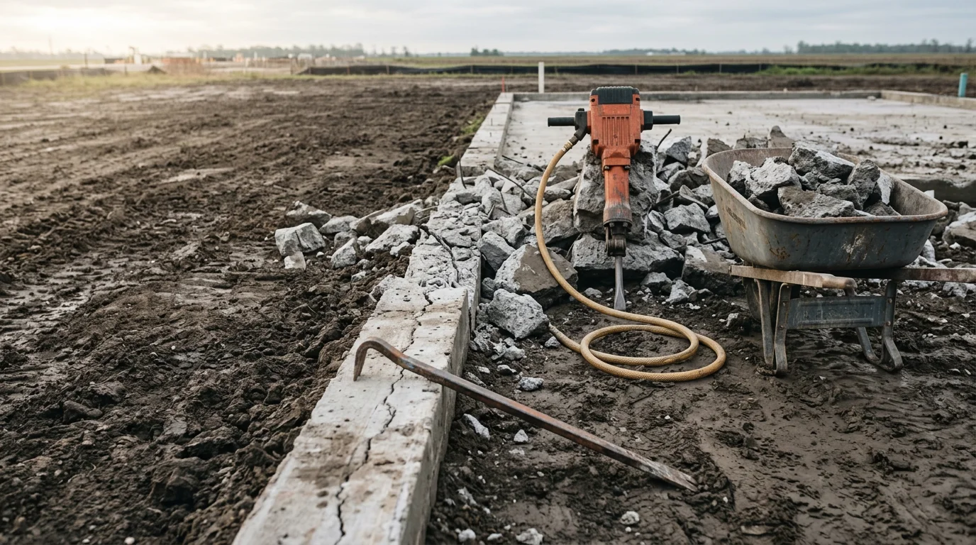 A concrete slab being broken apart and removed from a residential property in White Castle, Louisiana, with debris staged for hauling and the surrounding yard left undisturbed.
