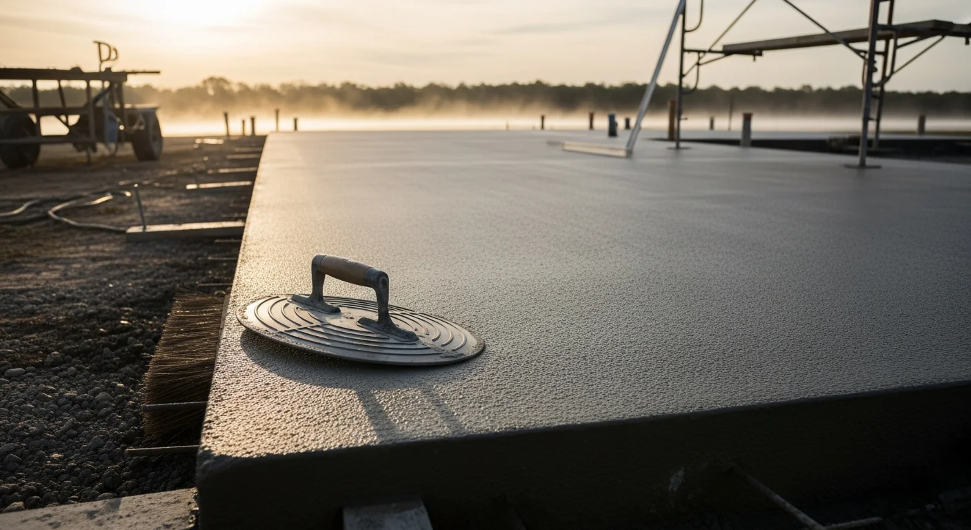 A freshly broom-finished concrete driveway slab outside a residential property in White Castle, Louisiana. The surface shows clean, uniform texture lines with no cracking or scaling visible.