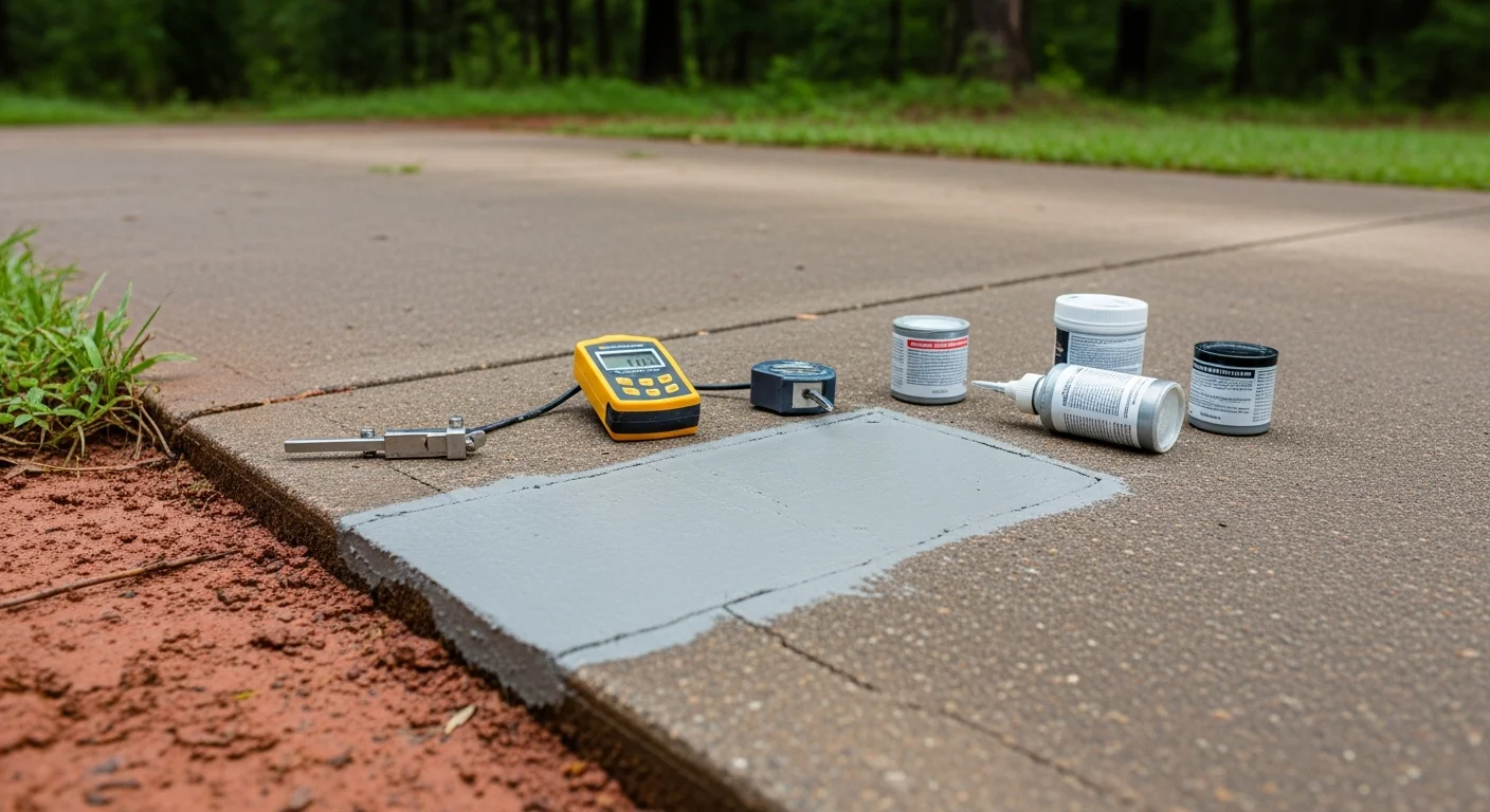 A repaired concrete driveway slab in White Castle, Louisiana showing sealed cracks and a level surface. The surrounding soil and drainage grade reflect the high-moisture conditions common to Iberville Parish properties.