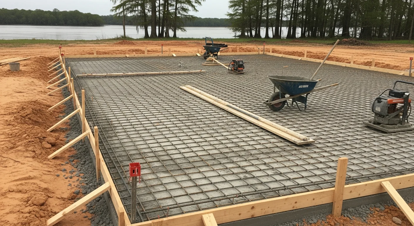 A freshly poured and finished concrete slab on a residential property in White Castle, Louisiana, with smooth surface texture and clean formed edges. The surrounding ground shows compacted base preparation typical of construction on Mississippi River alluvial soil.