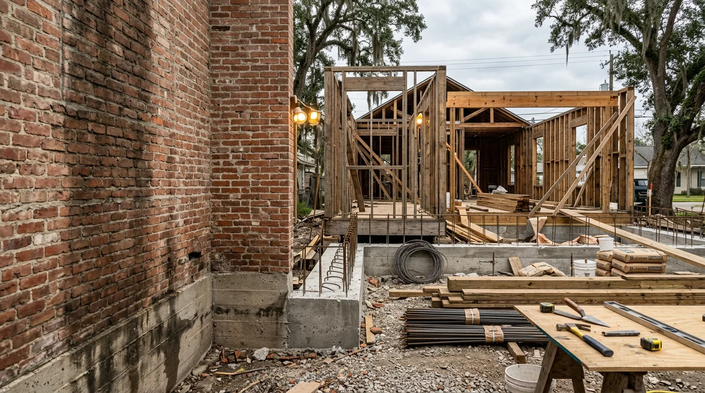 A completed construction and renovation project by Industrial Iron Works INC in White Castle, Louisiana, showing a structurally updated residential building along the Iberville Parish River Road corridor.