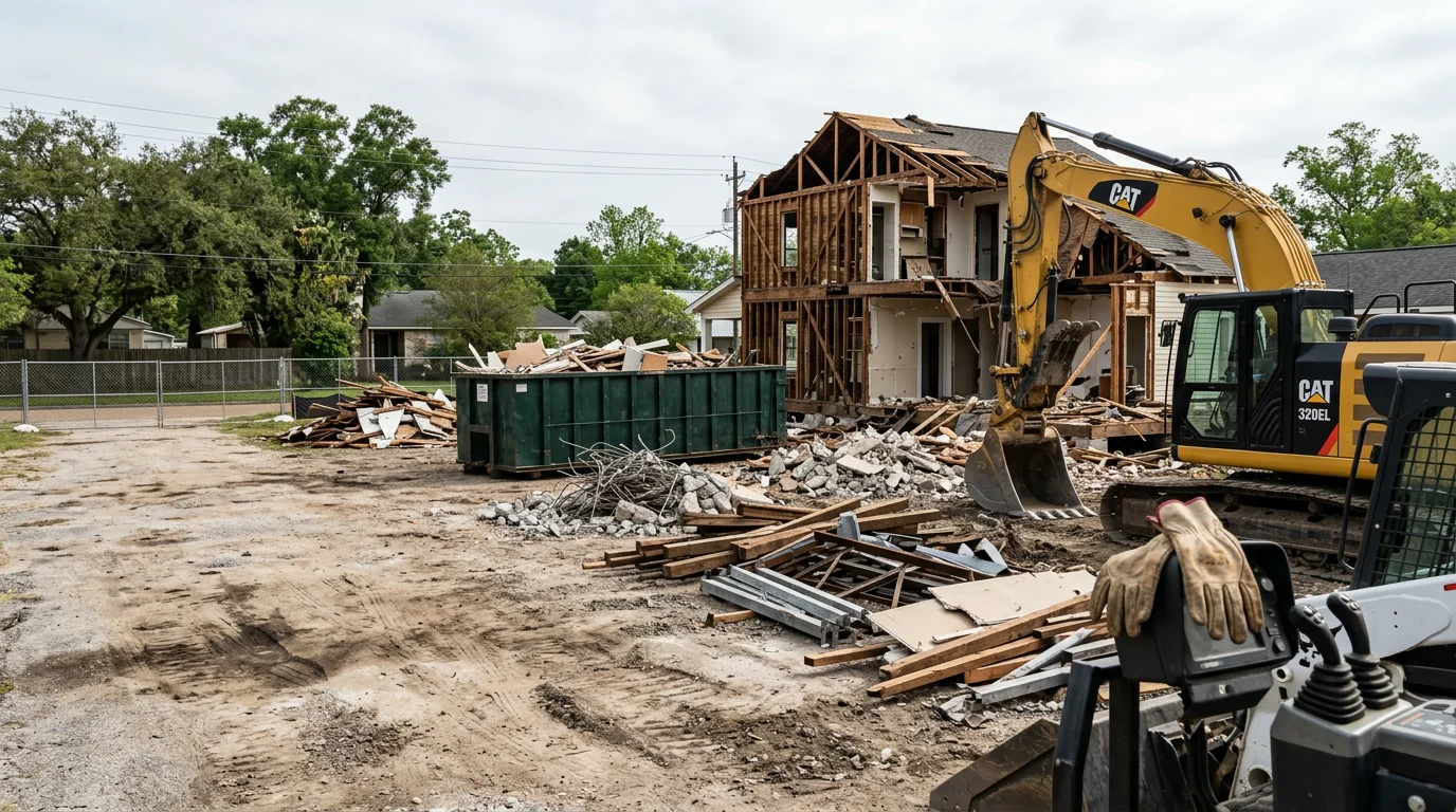 A cleared residential lot in White Castle, Louisiana after full structure demolition and debris removal by Industrial Iron Works INC. The site shows graded soil with no remaining structure, ready for new construction.