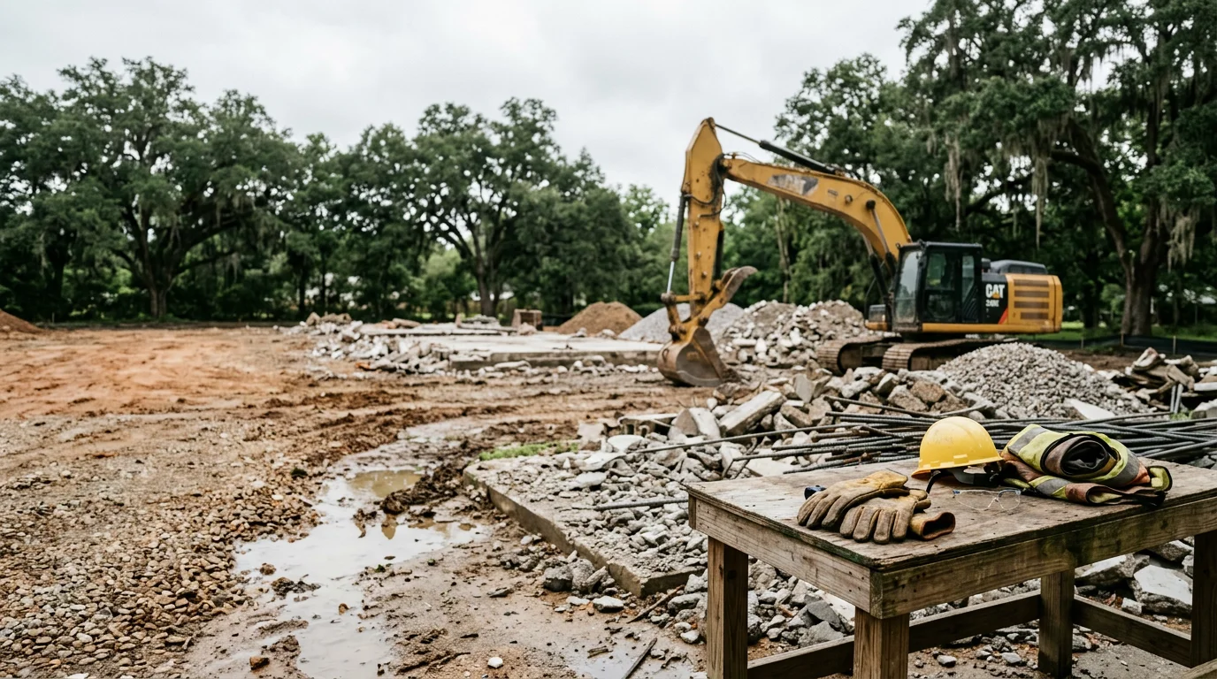 A cleared residential lot in White Castle, Louisiana after demolition work, with debris removed and ground leveled. An Industrial Iron Works INC crew works on dismantling an older wood-frame structure in the background.