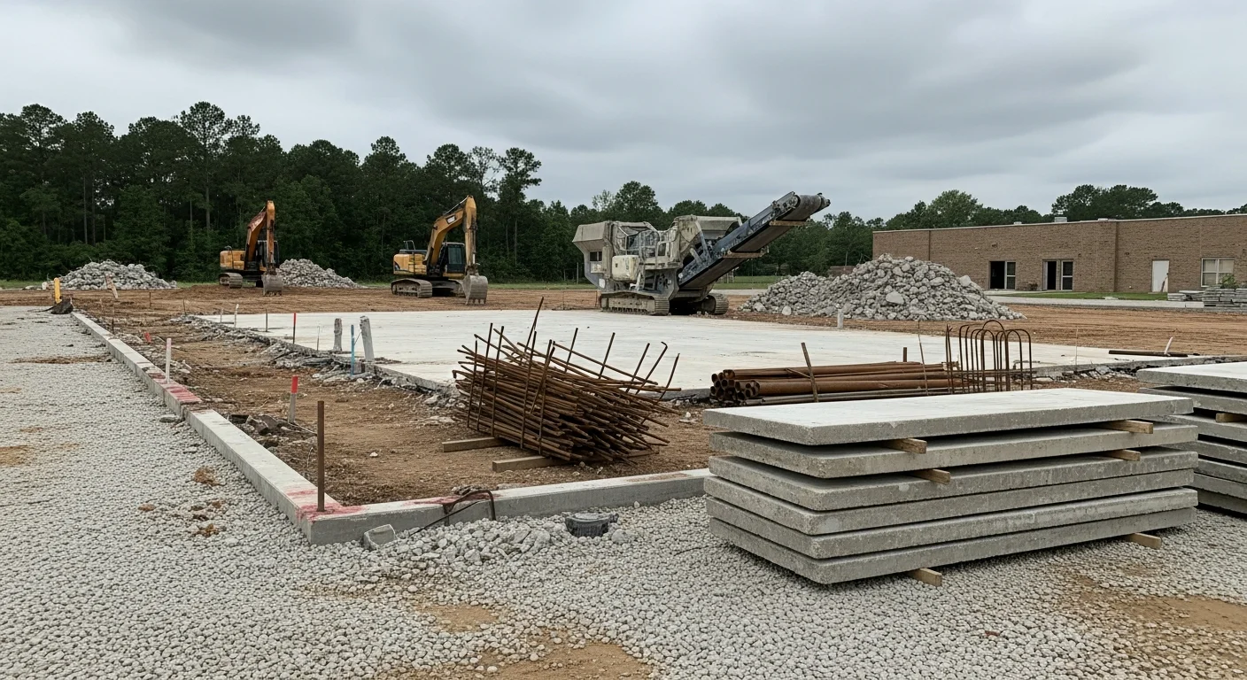 A cleared residential lot in White Castle, Louisiana after full structural demolition, with debris removed and the site leveled for new construction. A licensed demolition crew from Industrial Iron Works INC is visible completing final site cleanup along the River Road corridor in Iberville Parish.
