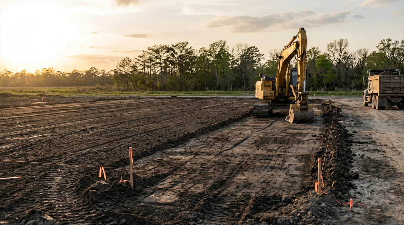 A tracked excavator grading a flat building pad on a clay-soil lot in White Castle, Louisiana, with cleared land and a drainage swale visible along the property edge.