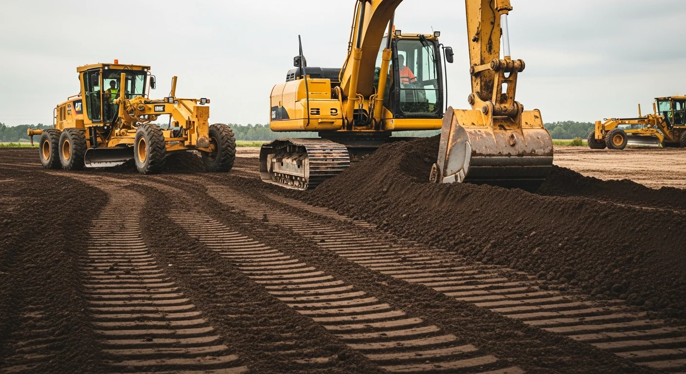 A tracked excavator grading and leveling a cleared lot in White Castle, Louisiana, with loose alluvial soil visible across the prepared building site. The ground is freshly cut and shaped for drainage ahead of residential construction.