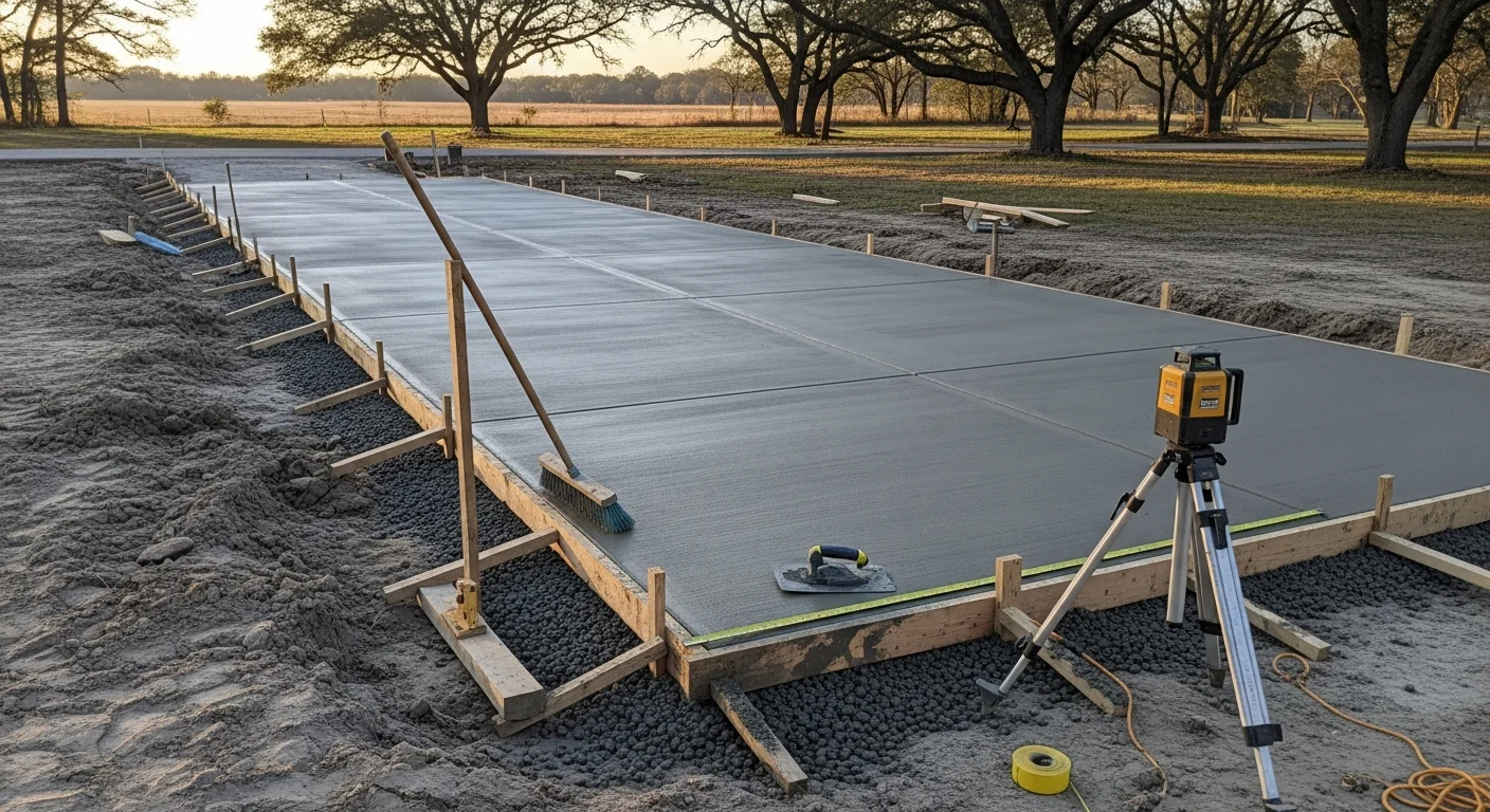 Freshly installed concrete driveway at a residential property in White Castle, Louisiana, with clean edges and a smooth surface leading to a single-car garage. The slab is graded away from the home to manage water runoff in the humid Iberville Parish climate.