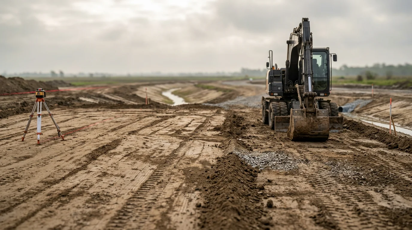 An excavator cutting and grading a clay soil building site in White Castle, Louisiana, with freshly moved earth shaped for drainage and pad preparation. The flat river parish landscape and overcast sky are visible in the background.