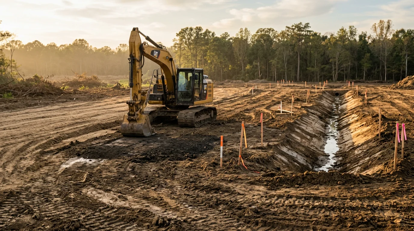 An excavator digging and grading a construction site in White Castle, Louisiana, with heavy clay soil visible and cleared land ready for foundation work.