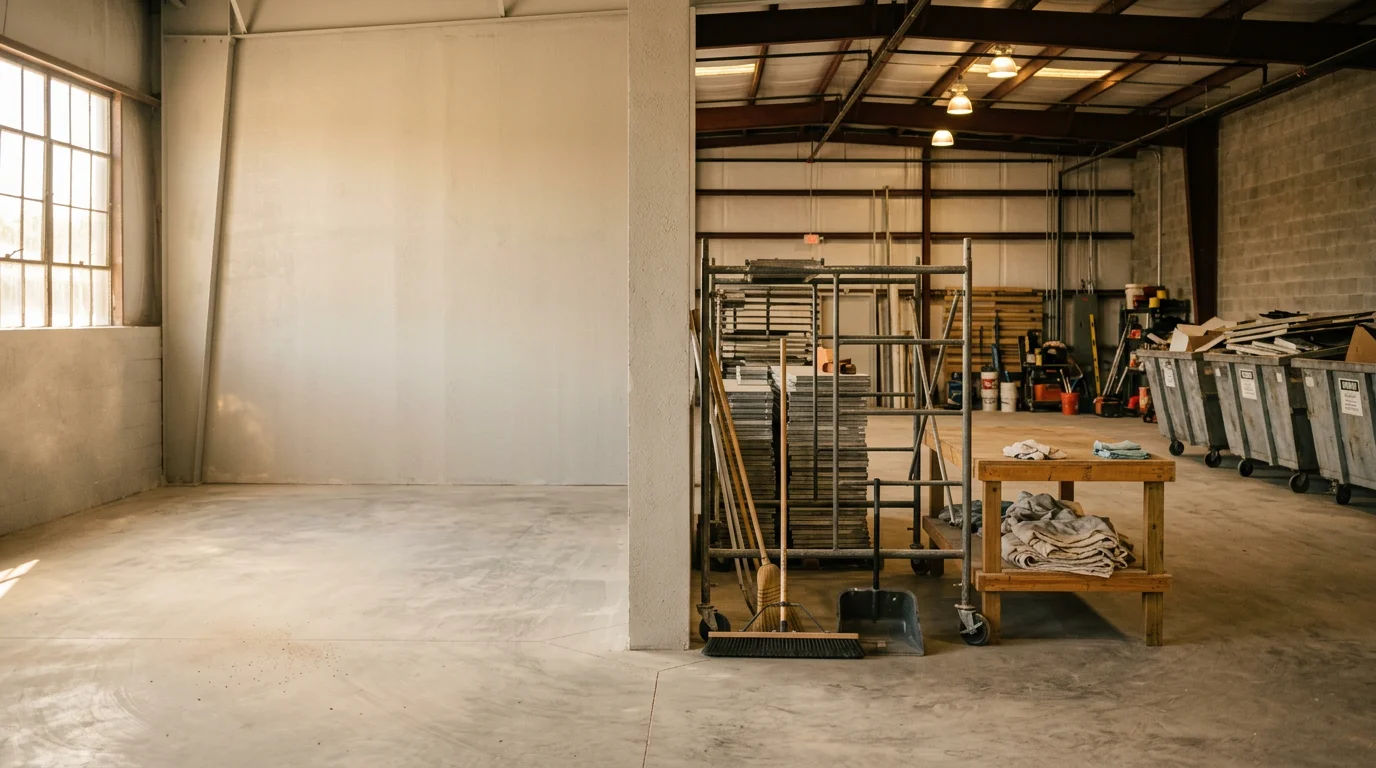 A freshly cleaned construction site in White Castle, Louisiana, with all debris removed and surfaces cleared after a general contracting project by Industrial Iron Works INC.