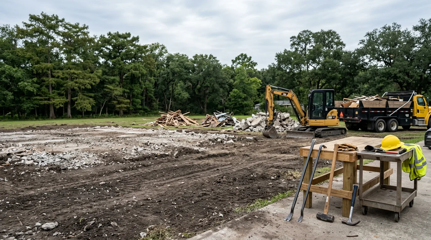 A cleared residential lot in White Castle, Louisiana after a detached garage demolition, with debris removed and the ground leveled. An Industrial Iron Works INC crew works on site in Iberville Parish.