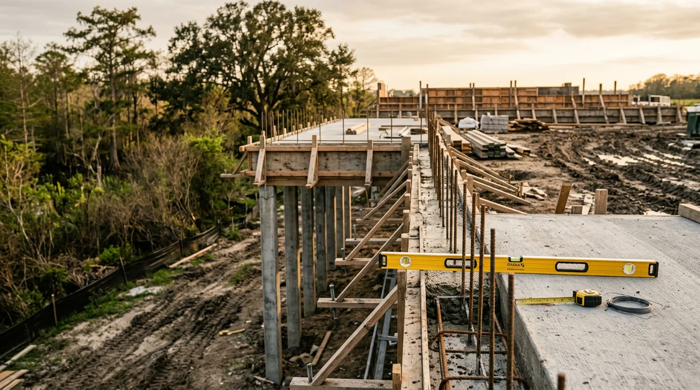 A completed general construction project in White Castle, Louisiana, showing a finished commercial building structure with clean framing and exterior work along the Iberville Parish corridor.