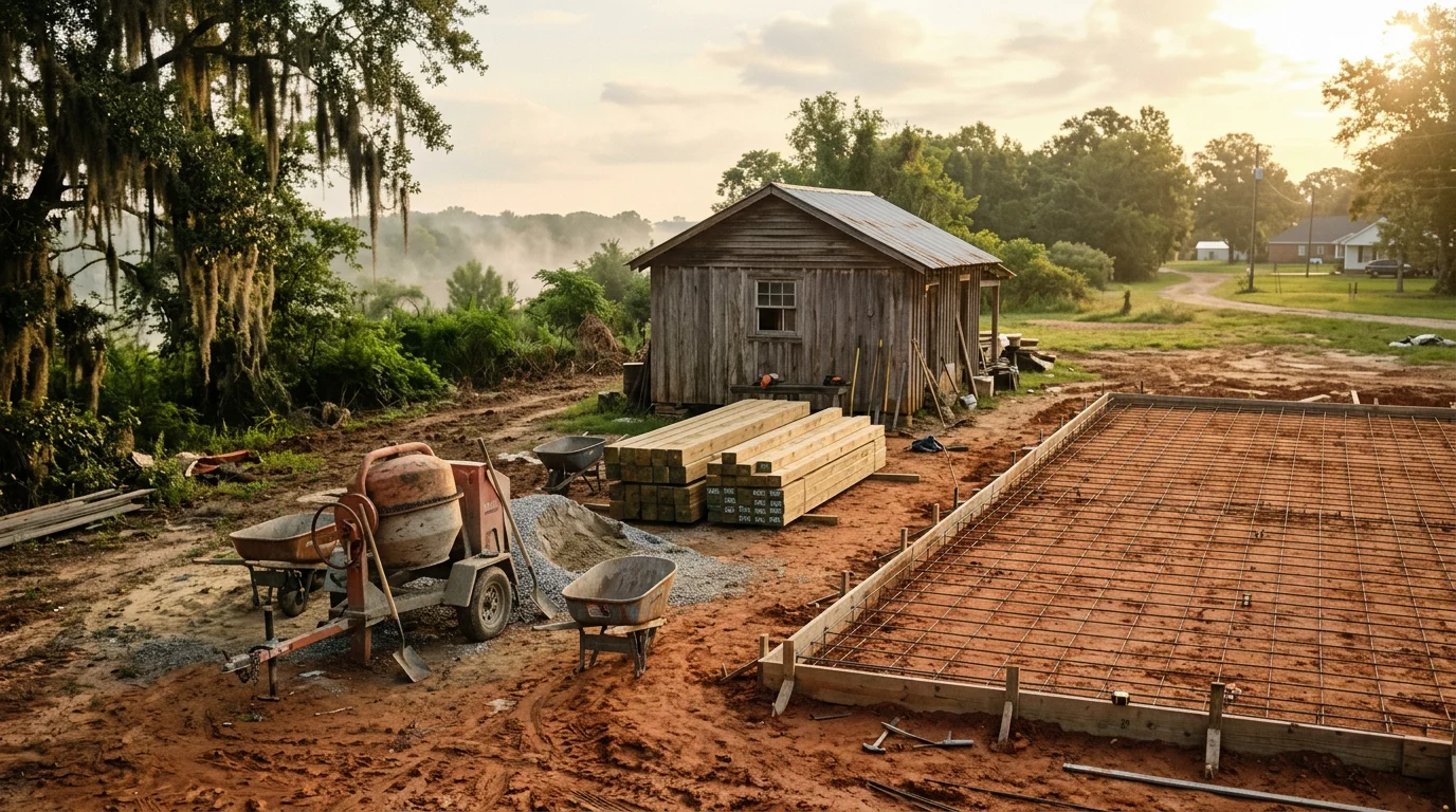 A completed commercial building construction project in White Castle, Louisiana, showing structural framing and exterior work along the Iberville Parish River Road corridor. Industrial Iron Works INC general contracting team on a residential or commercial job site near the Mississippi River.