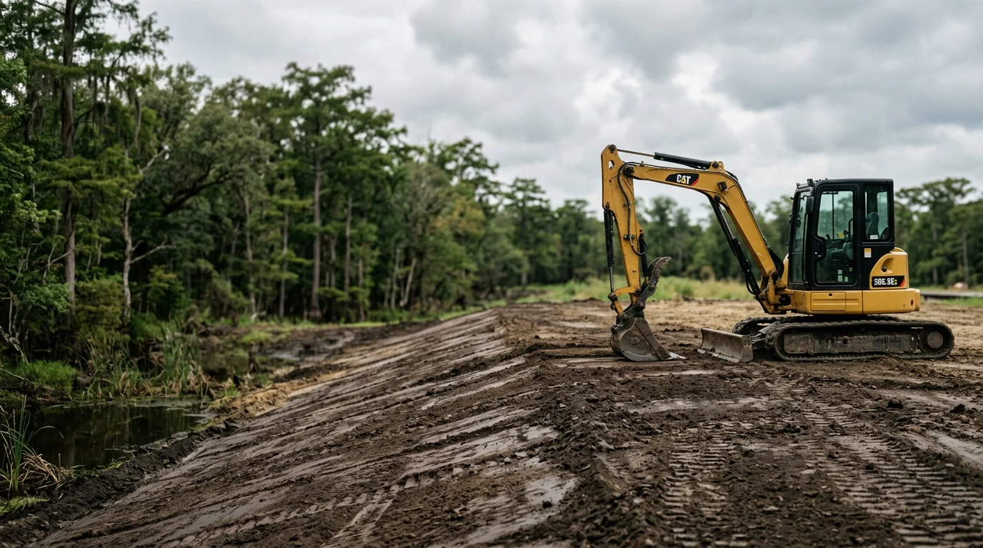A graded residential lot in White Castle, Louisiana showing freshly shaped and leveled soil sloped away from a building pad. Heavy equipment tracks are visible across the smoothed earth on a clear day.