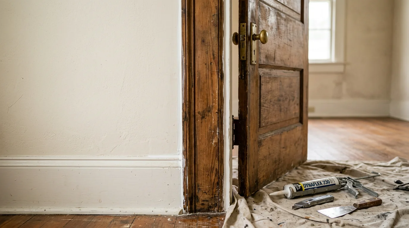 A repaired interior door and freshly patched drywall inside a residential home in White Castle, Louisiana. A handyman has completed general repair work in a lived-in room with natural light coming through the window.
