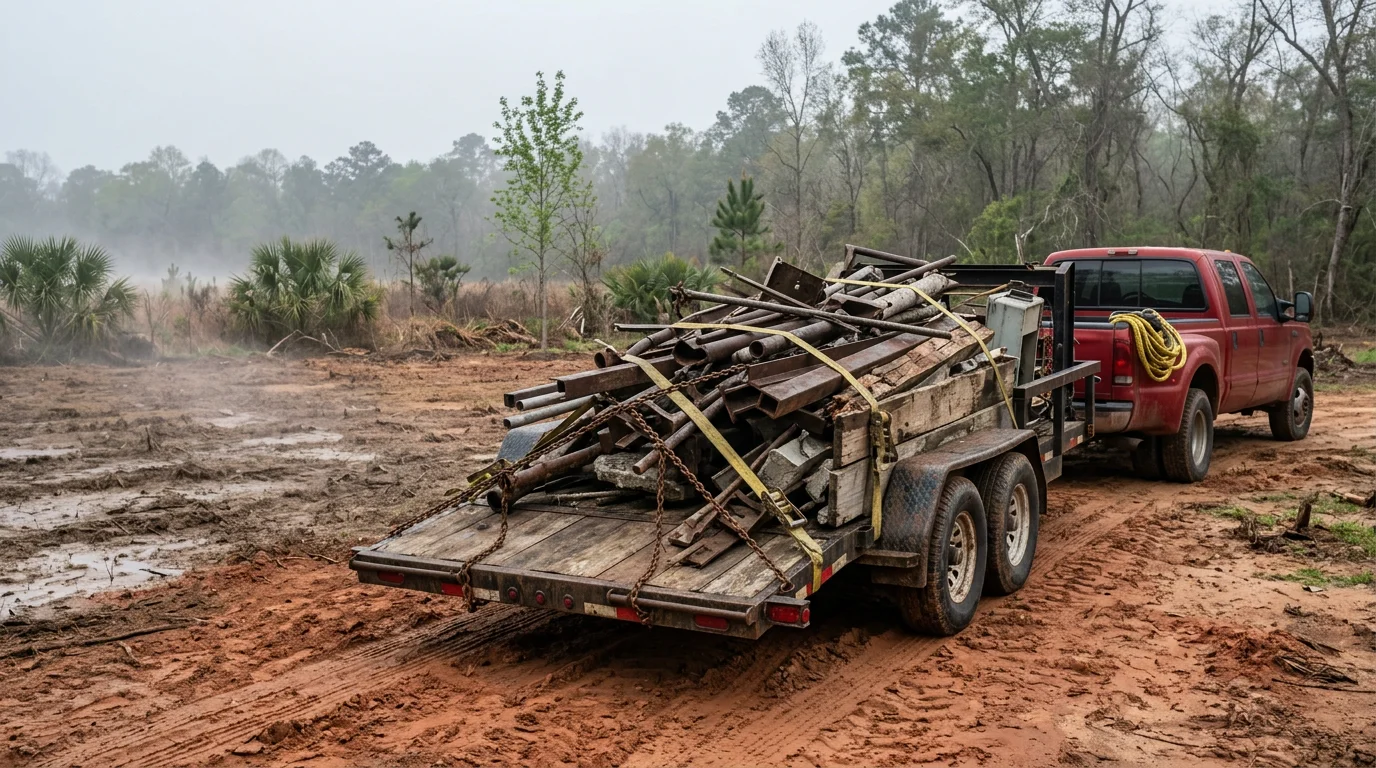 A cleared residential lot in White Castle, Louisiana after a haul away service, with scrap metal and construction debris removed. The property shows open, usable ground where piled materials previously sat.