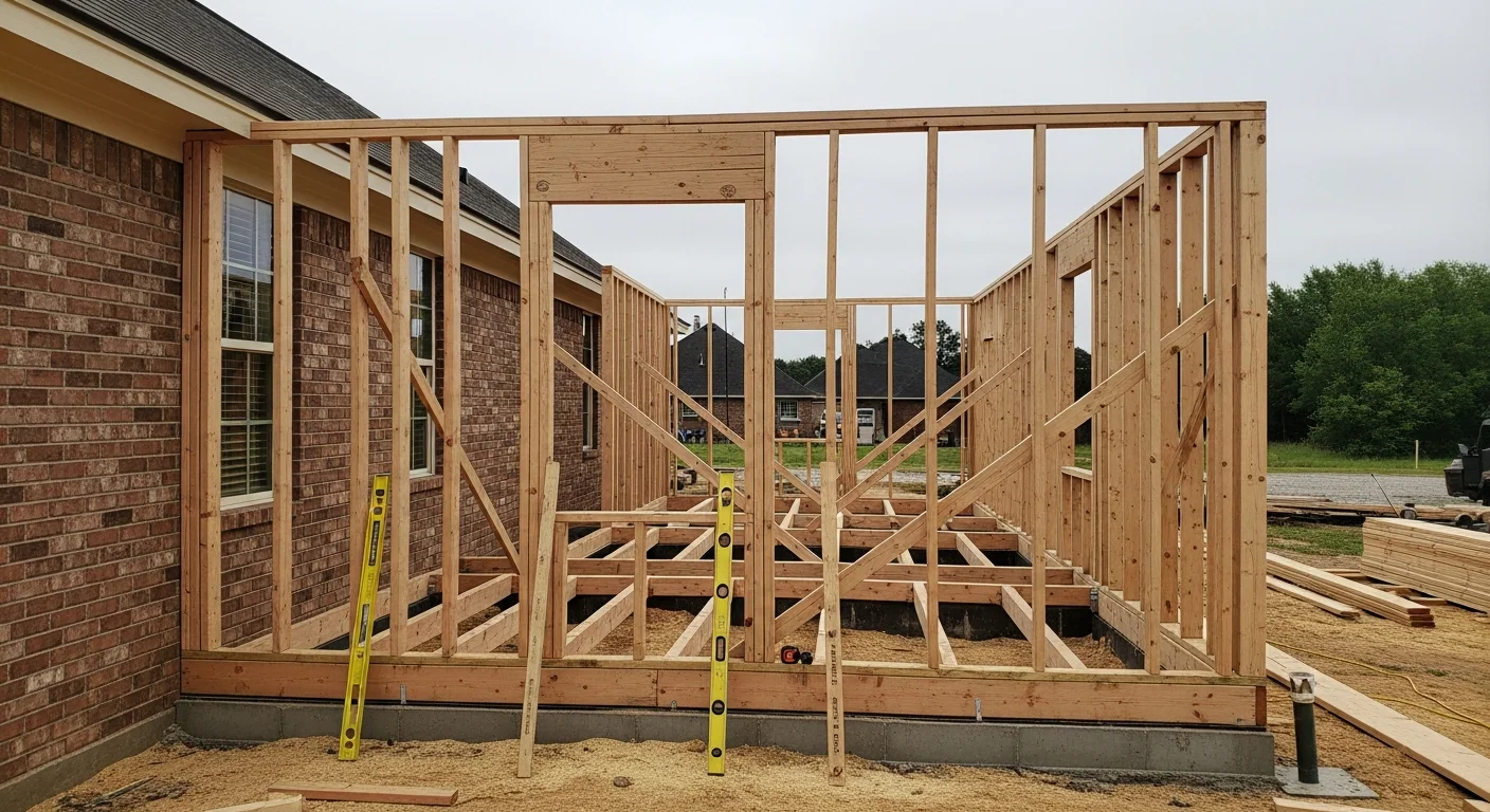 A newly completed home addition in White Castle, Louisiana, showing a framed room extension attached to an existing single-family home with matching roofline and exterior walls. The addition sits on a finished foundation with visible structural framing consistent with the original construction.