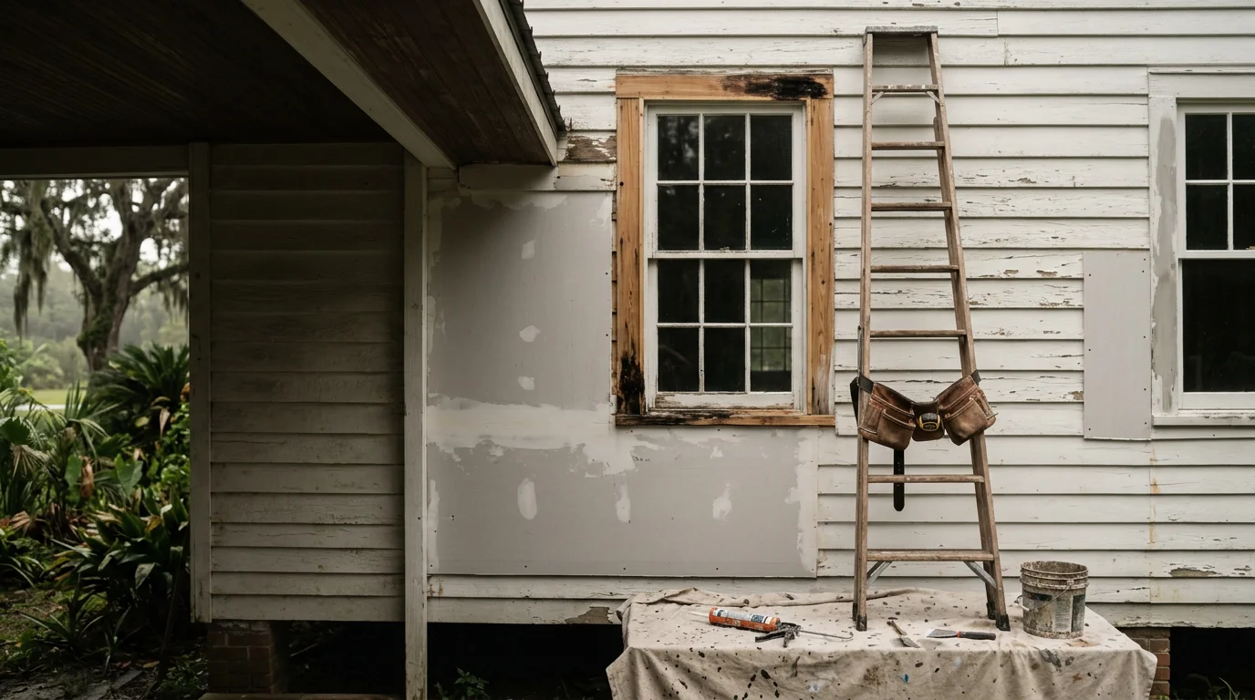 A handyman from Industrial Iron Works INC repairing exterior wood trim on a residential home in White Castle, Louisiana. The work addresses weather-related wear common to homes in the humid Iberville Parish climate.
