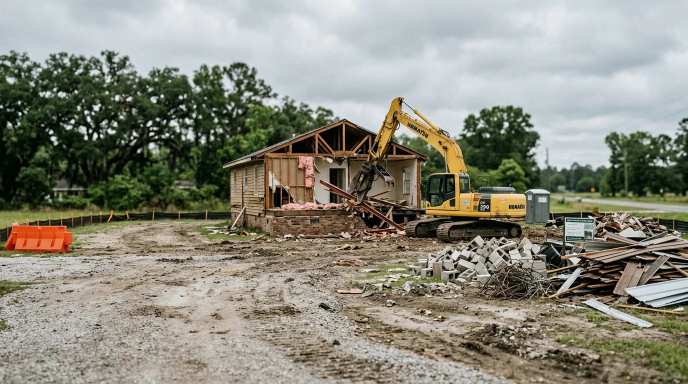 A residential lot in White Castle, Louisiana after full house demolition, with the structure removed and the site cleared of debris. A general contractor crew from Industrial Iron Works INC works along the Iberville Parish River Road corridor.