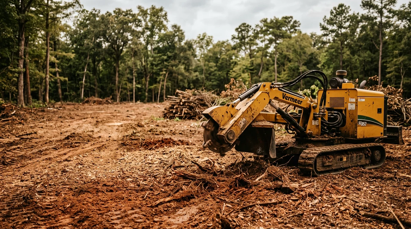 A cleared residential lot in White Castle, Louisiana with trees and brush removed and bare ground leveled and ready for construction. Heavy equipment sits at the edge of the site near the tree line along a flat South Louisiana landscape.