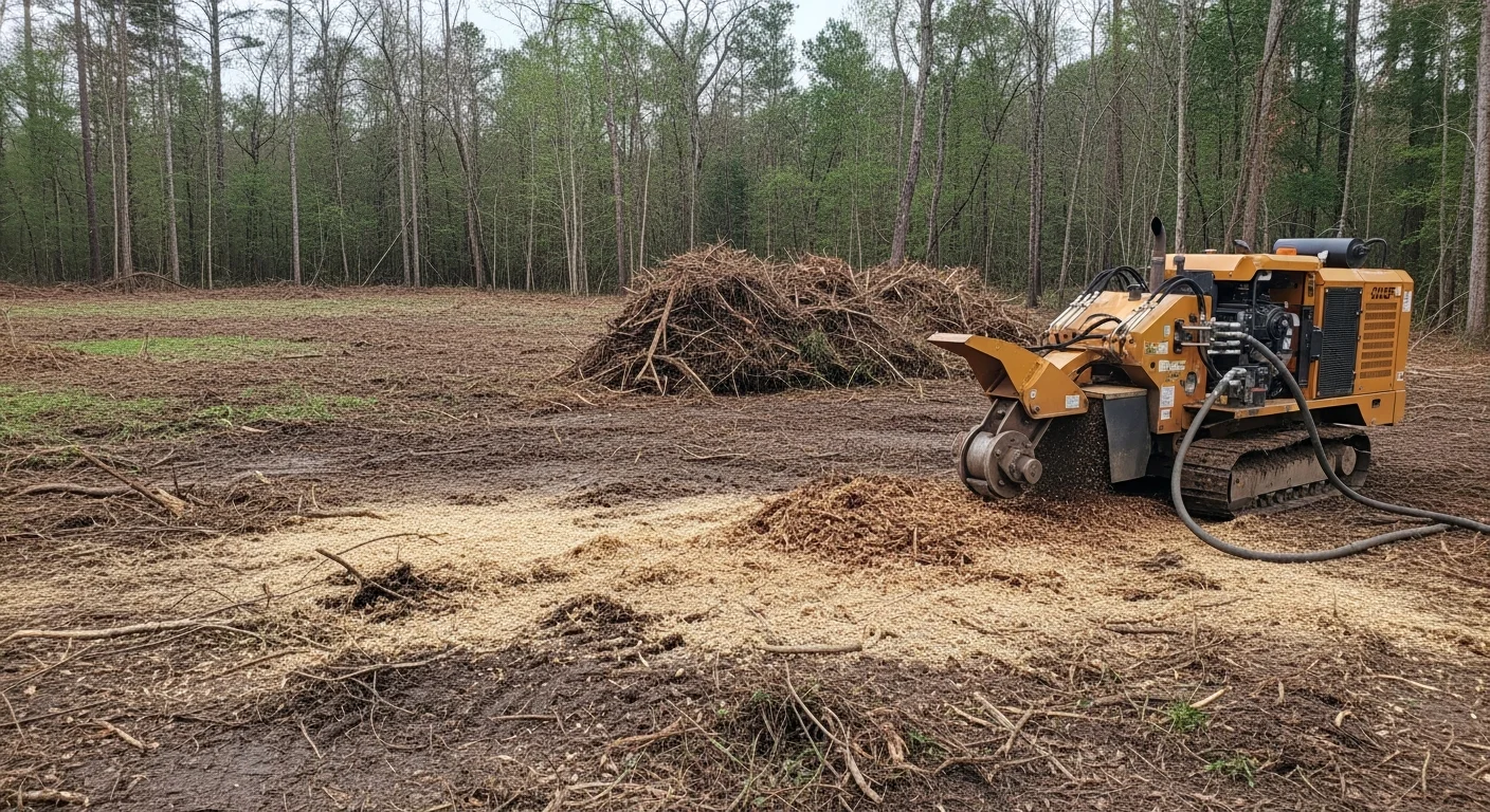 A cleared residential lot in White Castle, Louisiana with stumps ground down and brush removed, leaving level ground ready for construction. Dense South Louisiana vegetation lines the property edge, showing the contrast between cleared and uncleared land.