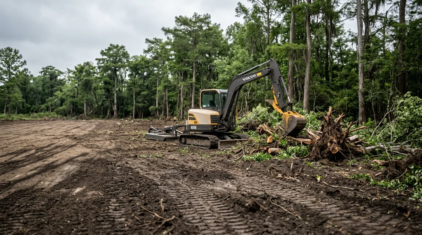 A freshly cleared residential lot in White Castle, Louisiana, with removed brush and leveled ground ready for construction. Heavy South Louisiana vegetation has been cut back and debris hauled away, leaving open, usable land.