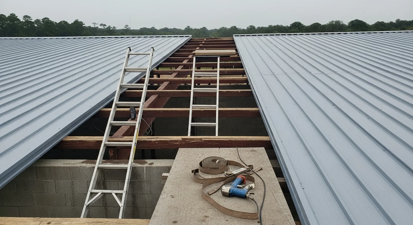 A completed metal building roof installation on a large commercial warehouse in White Castle, Louisiana, showing standing-seam metal panels running the full ridge length under a clear sky. A roofing crew member in a safety harness inspects the ridge cap seam near the peak of the structure.