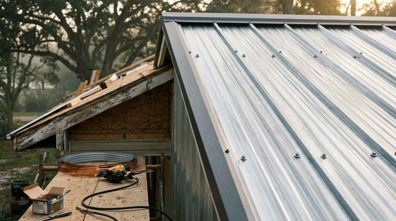 A completed metal roof installation on a residential home in White Castle, Louisiana, showing clean panel lines and finished ridge trim under a clear sky. The roof reflects sunlight across the full surface, with surrounding trees and a flat Louisiana landscape visible in the background.