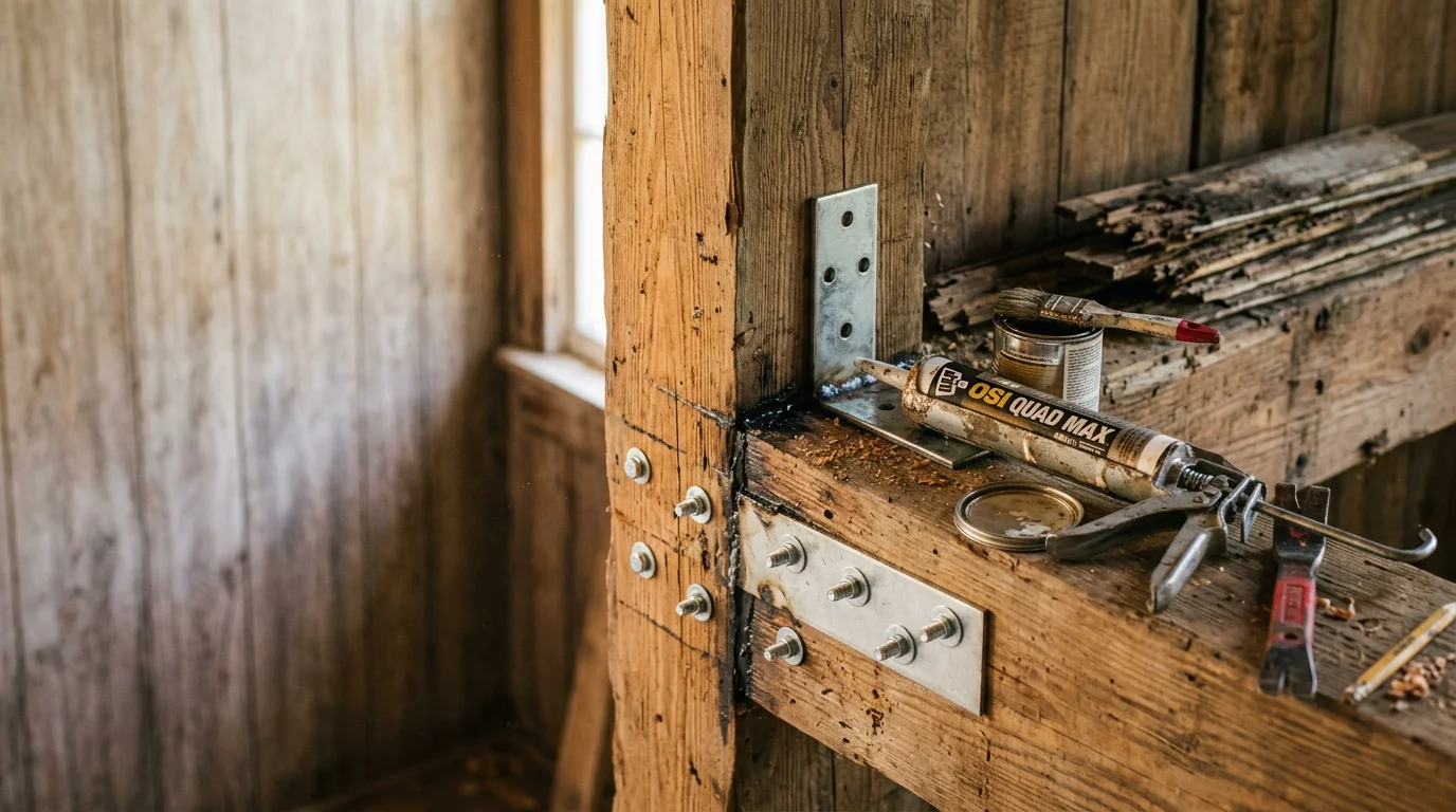 A contractor from Industrial Iron Works INC completing a minor structural repair on a residential property in White Castle, Louisiana. Close-up view shows repaired metal connection and clean finished work on an exterior building component.