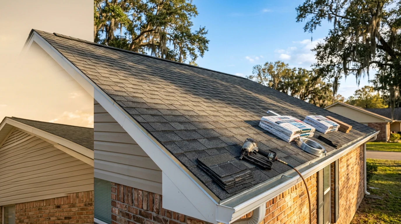 A newly completed roof installation on a residential property in White Castle, Louisiana, showing clean roofing lines and finished ridge work under a clear sky. The surrounding landscape reflects the flat, humid terrain typical of Iberville Parish.