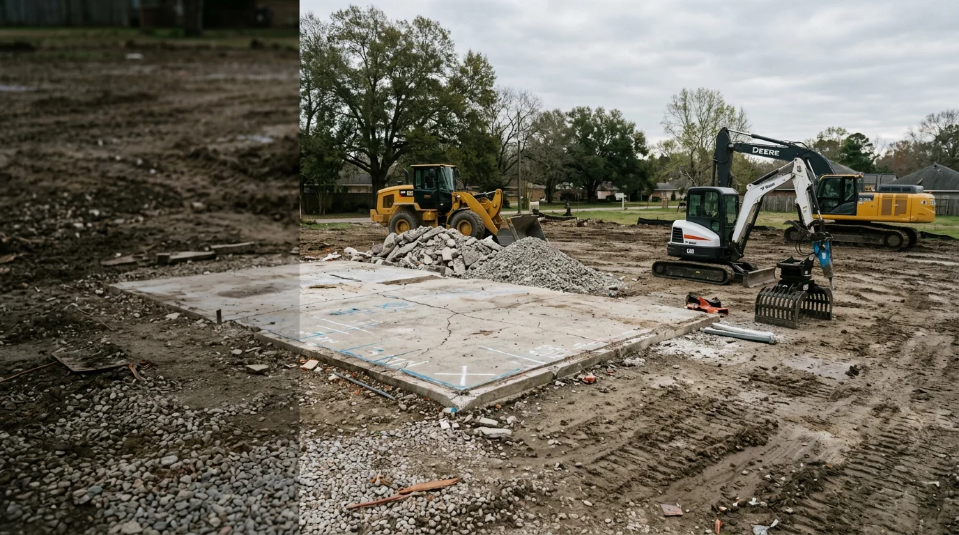A cleared demolition site in White Castle, Louisiana, with debris removed and bare ground leveled after a residential structure teardown. An Industrial Iron Works INC crew works in the background near the Mississippi River corridor.