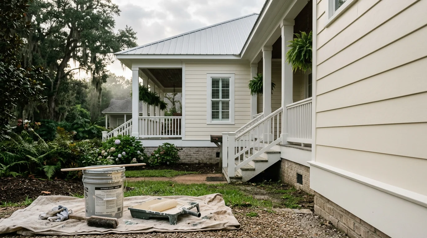 Freshly painted exterior of a single-family home in White Castle, Louisiana, with clean trim lines and smooth siding finish. A locally owned painting crew completes surface work on a residential property in the River Parishes.