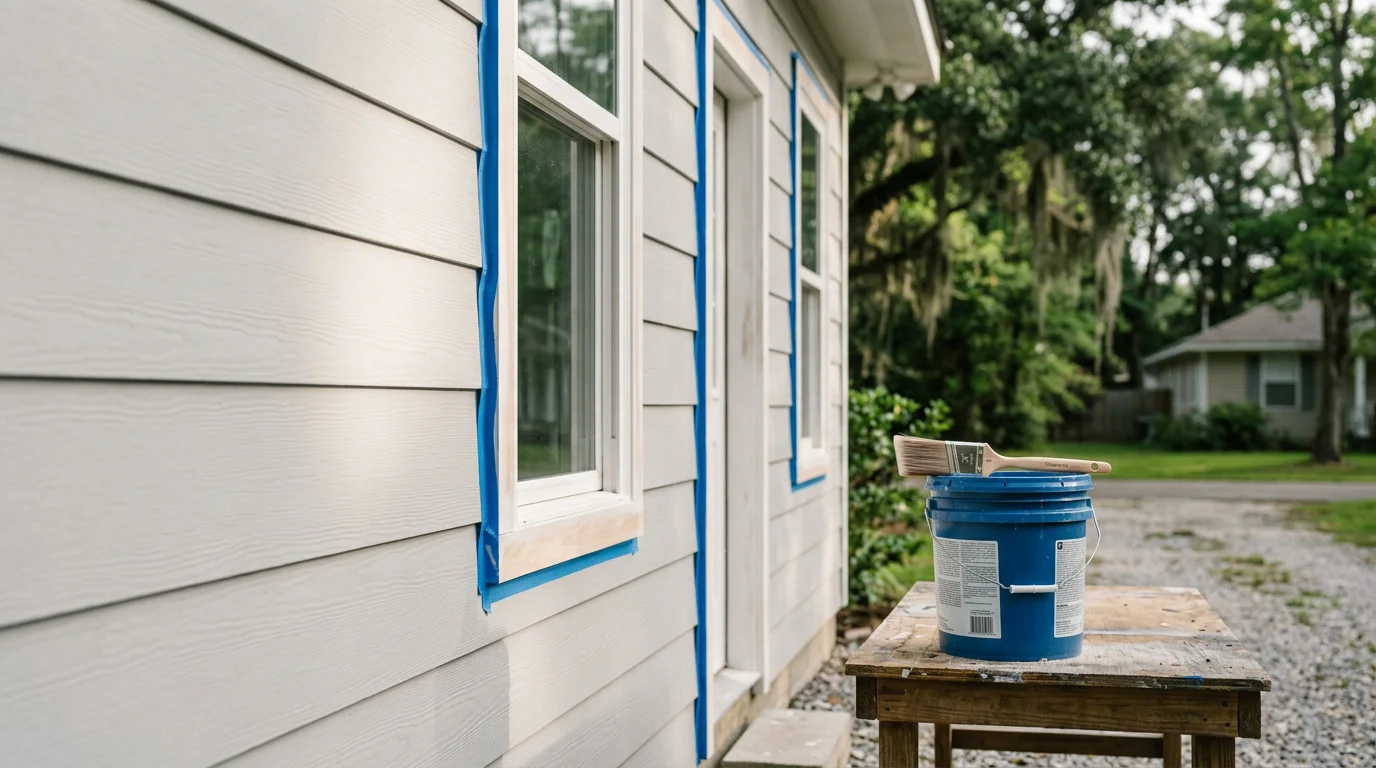 Freshly painted exterior of a residential home in White Castle, Louisiana, showing clean trim lines and smooth wall coverage. A locally owned contractor completes the painting work on a property in the Iberville Parish area.