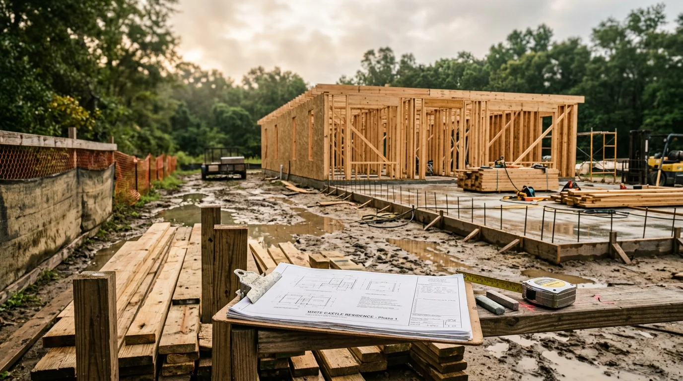 A construction project manager reviewing site plans at an active job site in White Castle, Louisiana, with structural framing visible in the background. Industrial Iron Works INC crew members coordinate work on a South Louisiana commercial build.