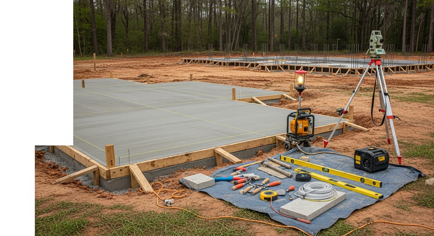 A newly framed custom home under construction on a residential lot in White Castle, Louisiana, with concrete foundation work visible and wood framing rising above grade. Clear sky overhead with construction materials staged on site.