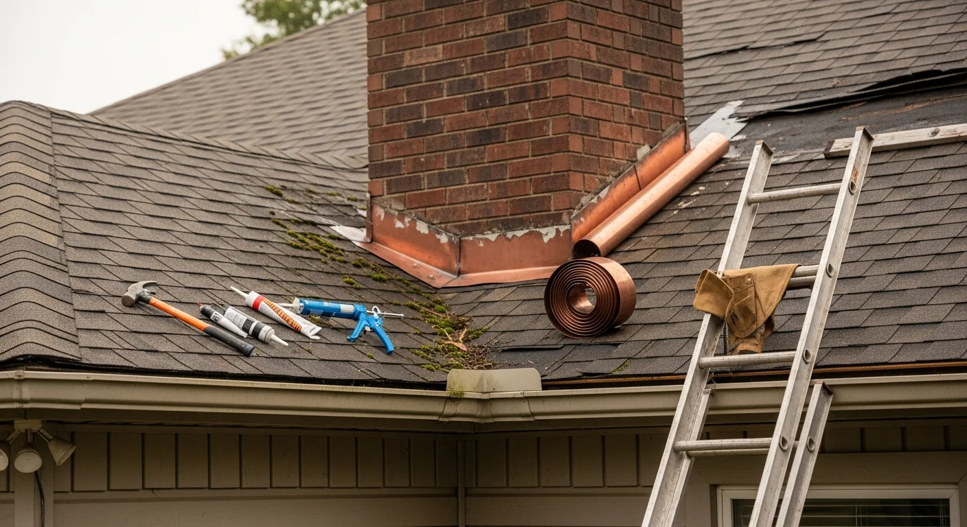 A roofing contractor repairing damaged sections on a residential roof in White Castle, Louisiana. Close-up view shows repaired flashing and patched roofing material on a single-story home under a partly cloudy Louisiana sky.